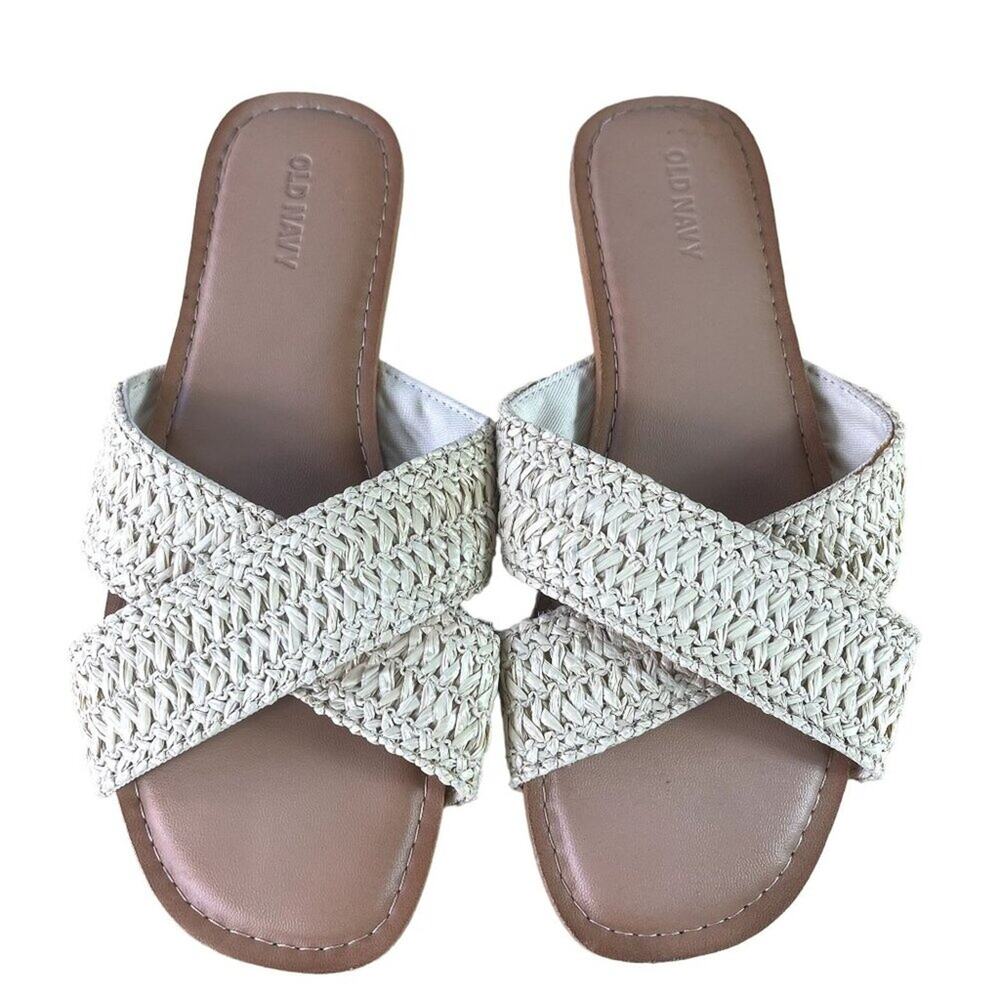 Old Navy Sandals Slide Women 8 Tan Natural Stripe Raffia Woven Criss-Cross Strap